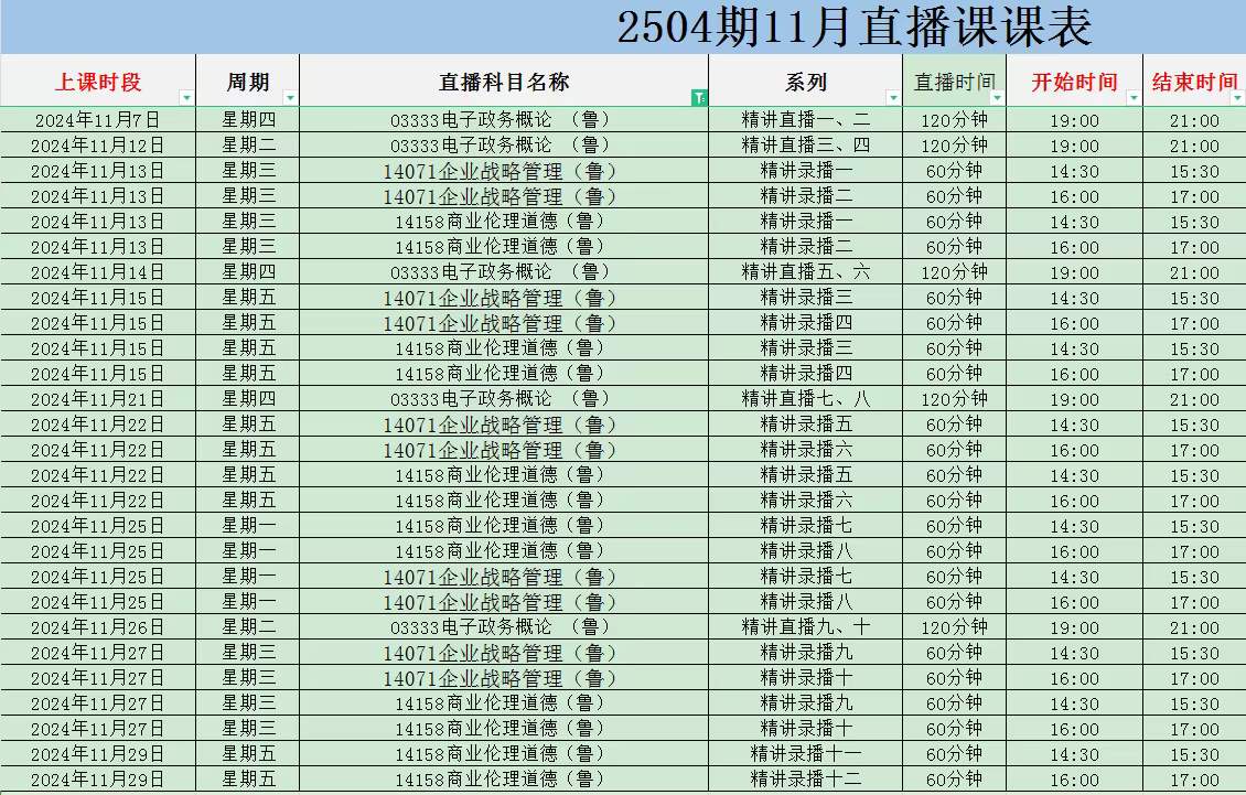 2504期11月山东自考直播课课表